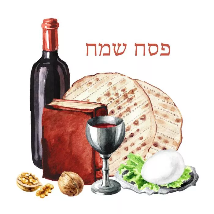 חג פסח שמח עם צלחת פסח, יין, מצות ואגוזים